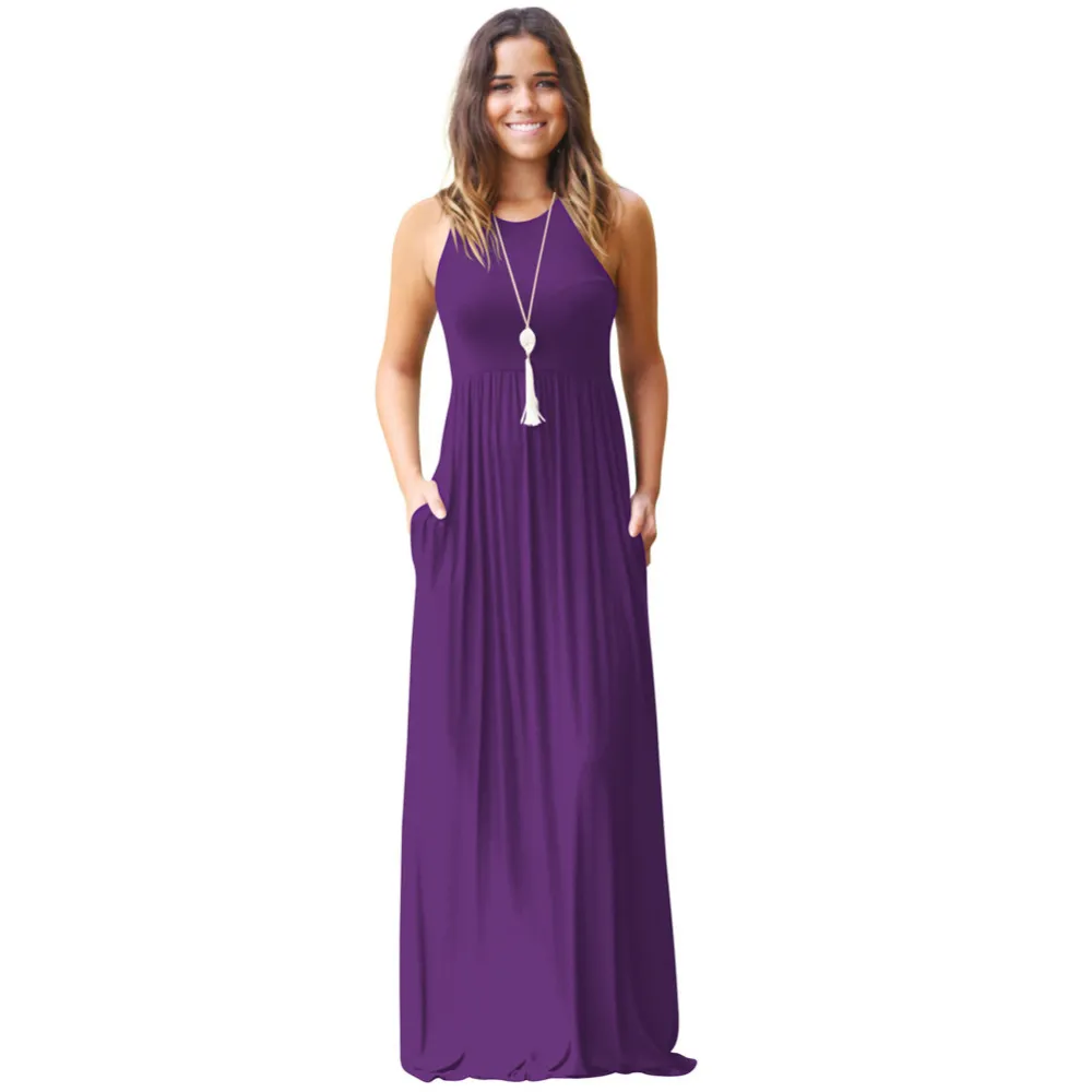 Womens Summer Dress Sleeveless Racerback O Neck High Waist Pleated Maxi  Sundress With Pockets Casual Solid Color From Landong01, $13.82 | DHgate.Com