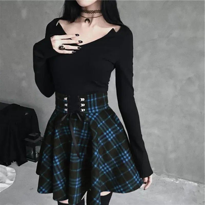Black Checkered Womens Gothic Skirt Women Pleated Plaid Skirts