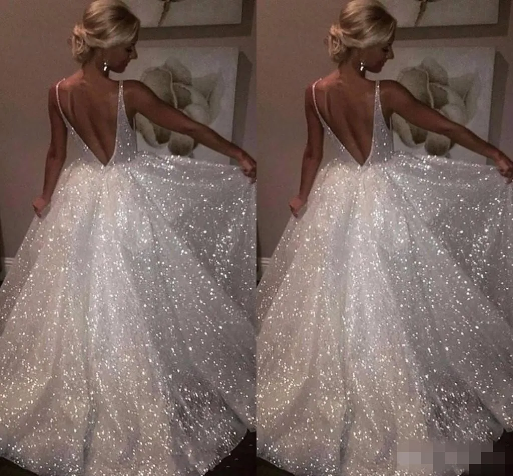 Sparkly Sequins Beach Wedding Dresses Deep V Neck Backless 2019 Cheap Custom Made Boho Wedding Bridal Gown Plus Size vestido de novia