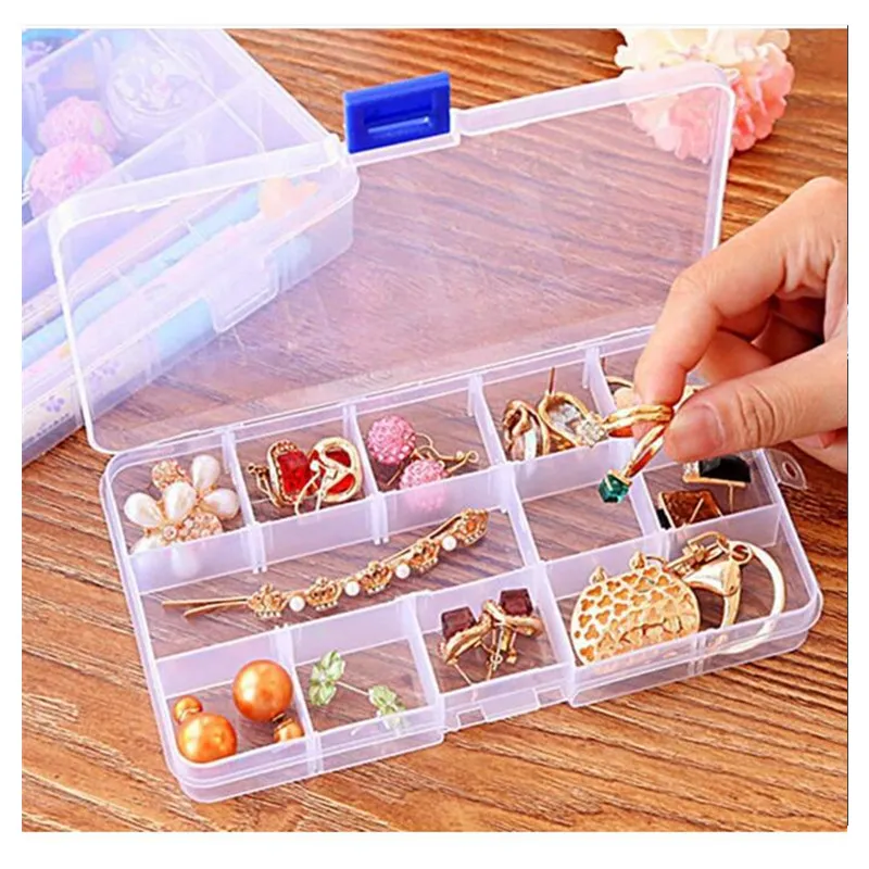 Plastic 15 Grids Compartment Adjustable Jewelry Box Necklace Earring Transparent Storage Box Case Holder Organizer Boxes