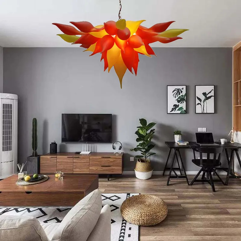 Moderne kroonluchter LED-verlichting bron mond geblazen glas hanger verlichtingsarmaturen zonsondergang oranje geel hangende lamp thuis binnen licht te koop