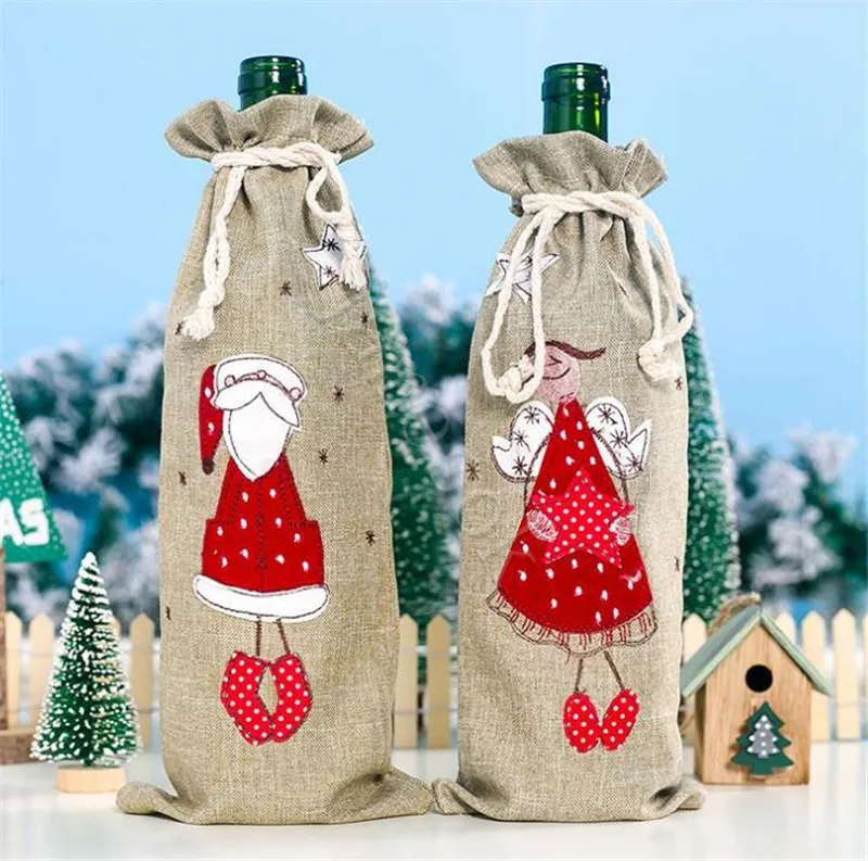 Inicio arpillera bordada anciano conjunto de tapas de botellas de vino Decoraciones navideñas Bolsa de regalo de Navidad Bolsa de Papá Noel Decoración navideña DC938