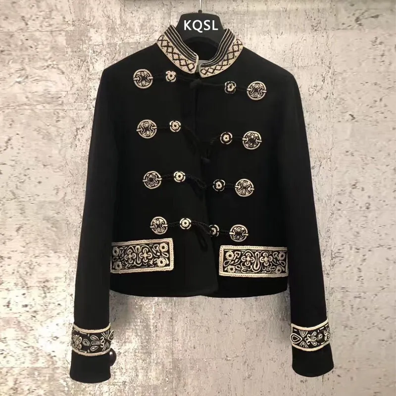 2020 mode Winter Frauen Schwarz Jacken Mäntel Runway Vintage Zweireiher Stickerei Dame Jacke Mantel Kleidung