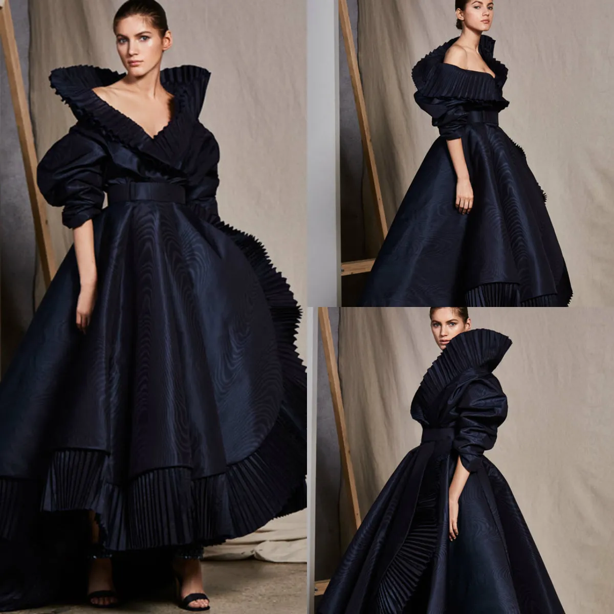 AHI Studio Suknie Wieczorowe Czarne V Neck High Collar Ruffles linia Pół Długie Rękawy Prom Dress Party Wysoka Niska Czerwona Dywan Dress