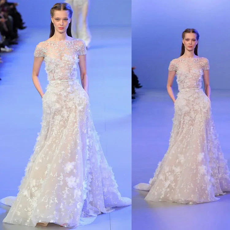 Elie Saab Robes De Mariée Sheer Bateau Cou 3D Fleur Appliques À Manches Courtes Robes De Mariée Balayage Train Tulle Robe De Mariée Perles