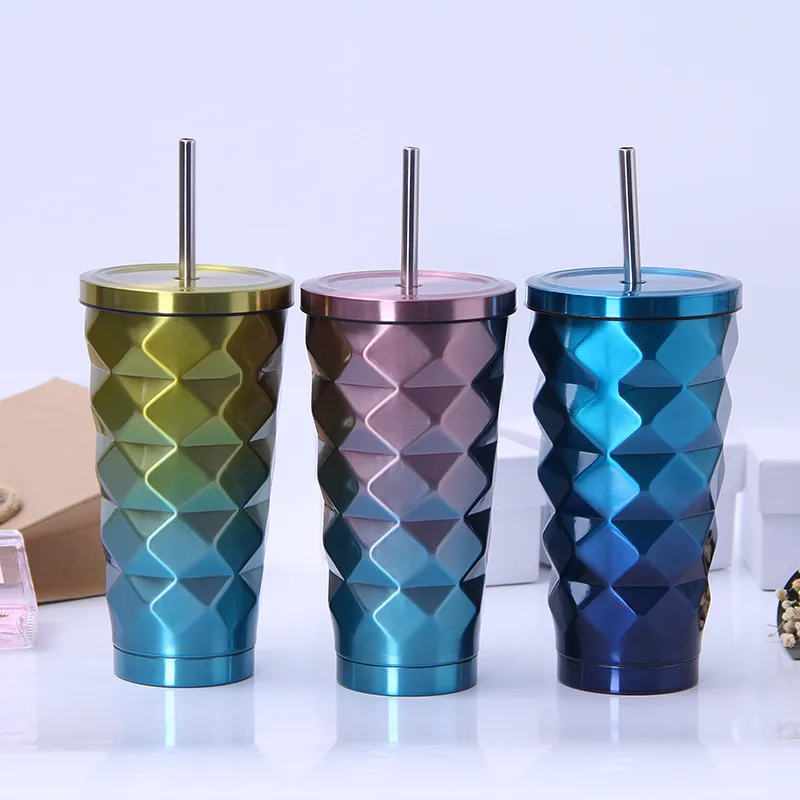 500ml Stainless Steel Diamond Car Cups Outdoor Travel Portable Gradient Pineapple Cup With Straw 6styles RRA2010