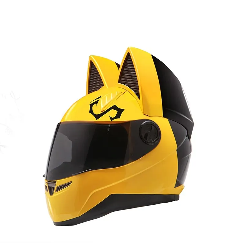 Casco moto marca NITRINOS integrale con orecchie di gatto colore giallo quattro stagioni