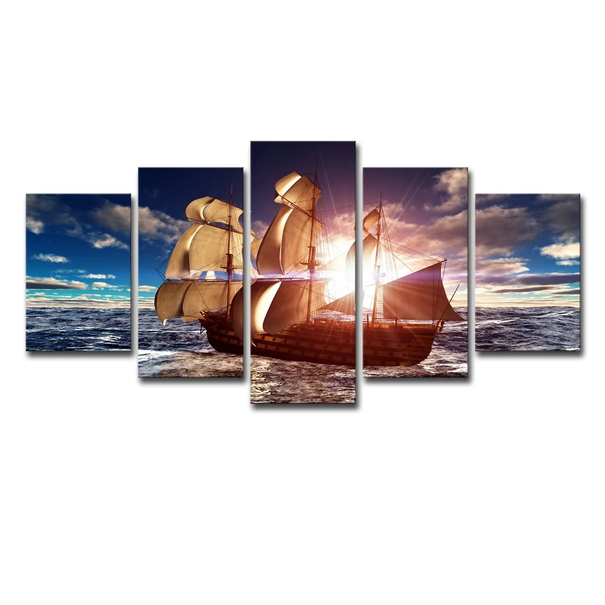 (Somente lona sem moldura) 5 pcs sunshine sailboat pintura barco à vela seascape art arte hd impressão lona pintura moda pendurado fotos