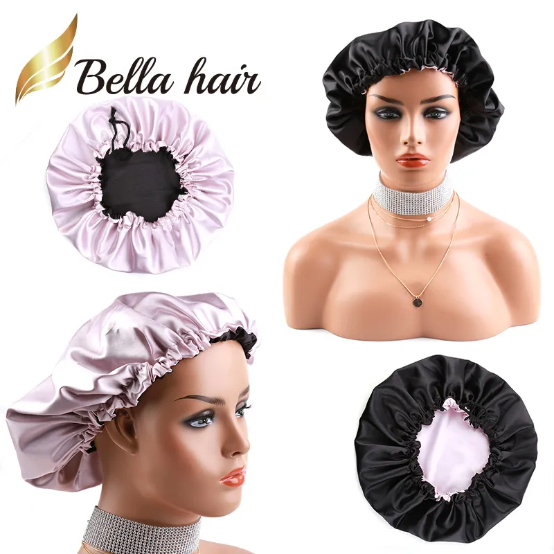 Nouvelle arrivée double face satin bonnet pour soigner les cheveux noir violet clair soie nuit bonnet de sommeil pour femmes filles dame