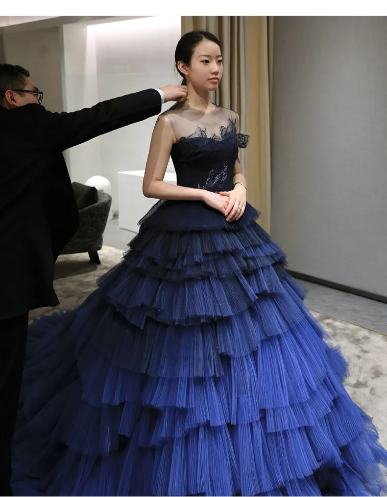 Custom Made Navy Blue Blue Dresses For Weddings 2019 With Sheer
