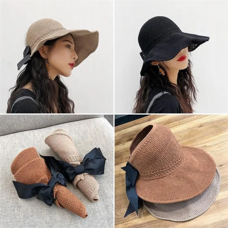 Fashion Women Summer Sun Hat With Big Bow Tie Folding Wide Brim Hats Easy to Carry Cover Face Travel Visor Female Cap