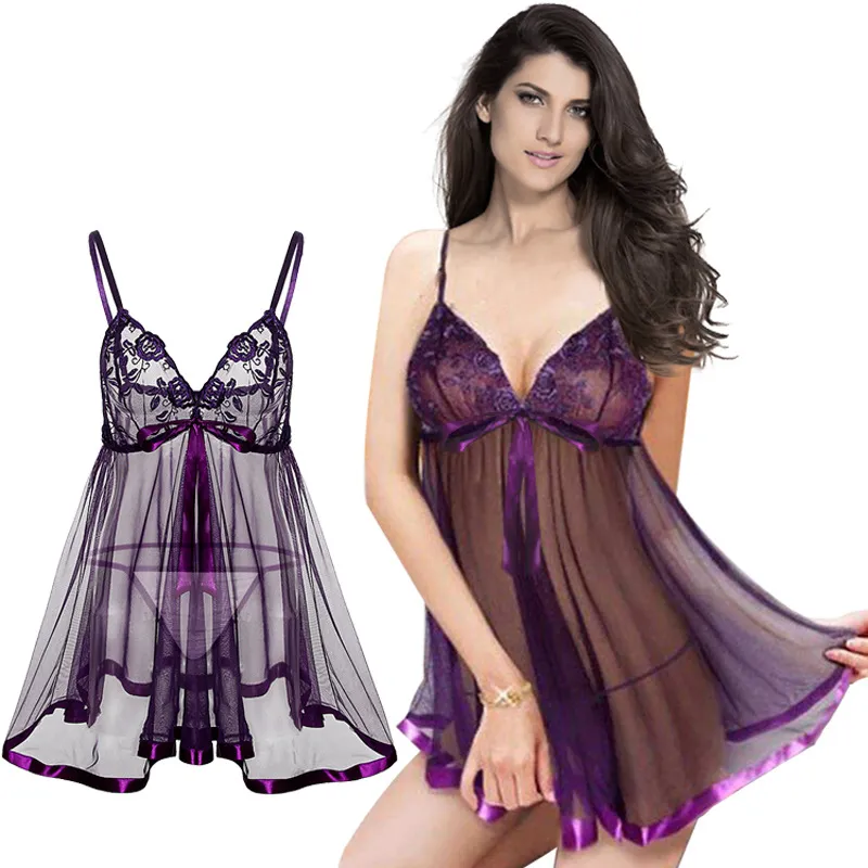 Roupa de dormir feminina Lingerie feminina sexy Vestido de alça transparente bordado Íntimo feminino Slips de renda cheia Plus Size 6XL