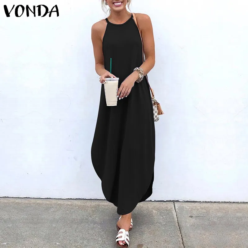 Vonda mulheres cinta longo vestido 2019 verão sexy sem mangas festa sem costas maxi vestidos feminino casual solto vestido plus size