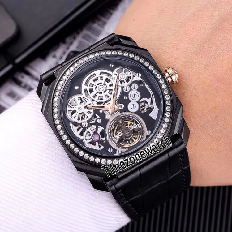 Octo Finissimo Tourbillon PVD Black Steel Case 102719 Skeleton Automatic Mens Watch Black Diamond Bezel Leather Strap Watches timezonewath