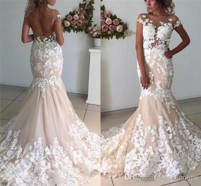 Gorgeous Szampana Koronki Syrenki Suknie Ślubne Sheer Cap Sleeve 3D Flora Aplikacje Backless Suknia Ślubna Suknie Ślubne Vestido de Novia