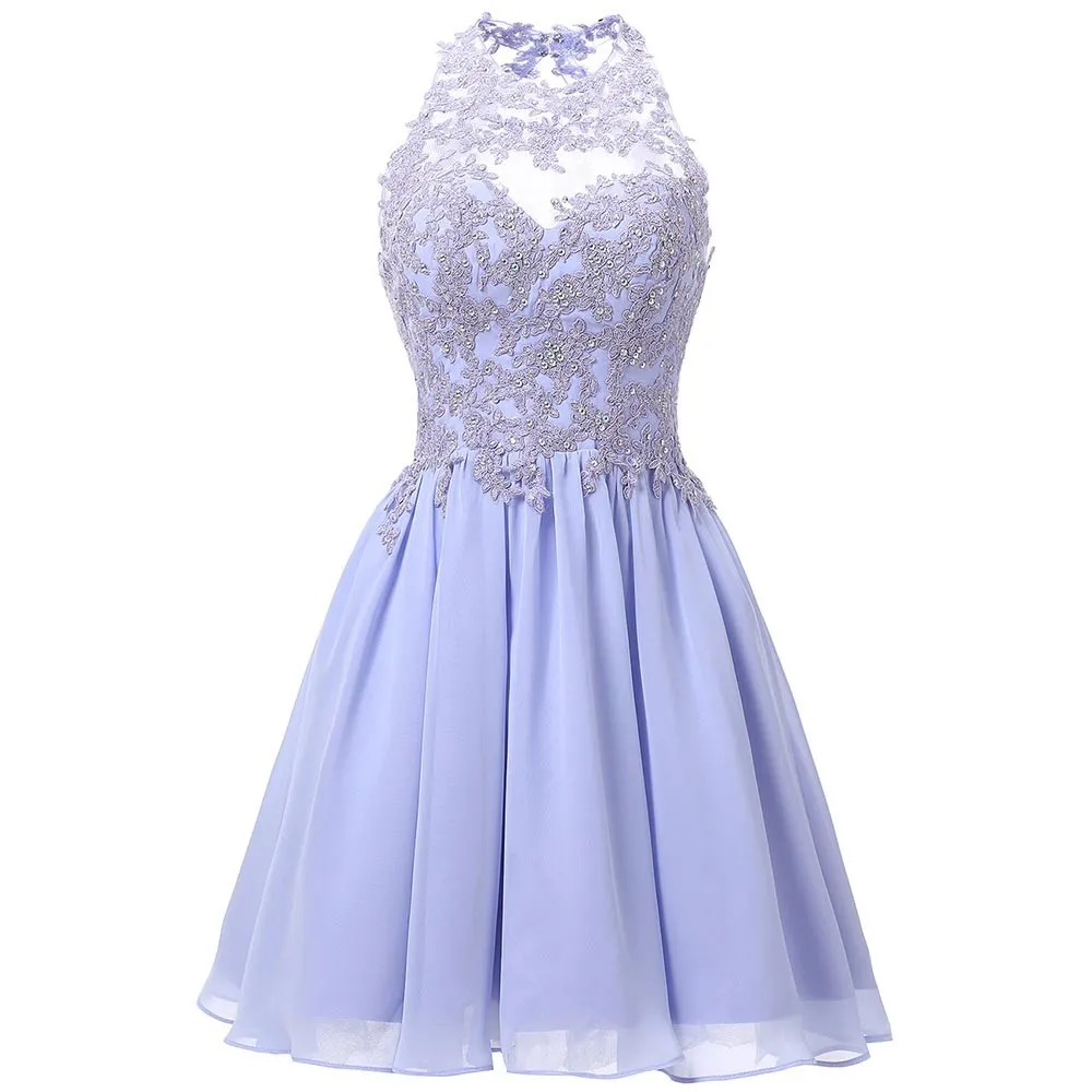 Halter Short Homecoming Dresses for Teens Chiffon Lace Appliques Juniors Prom Dresses Keyhole Back 8th Grade Party Dress207A