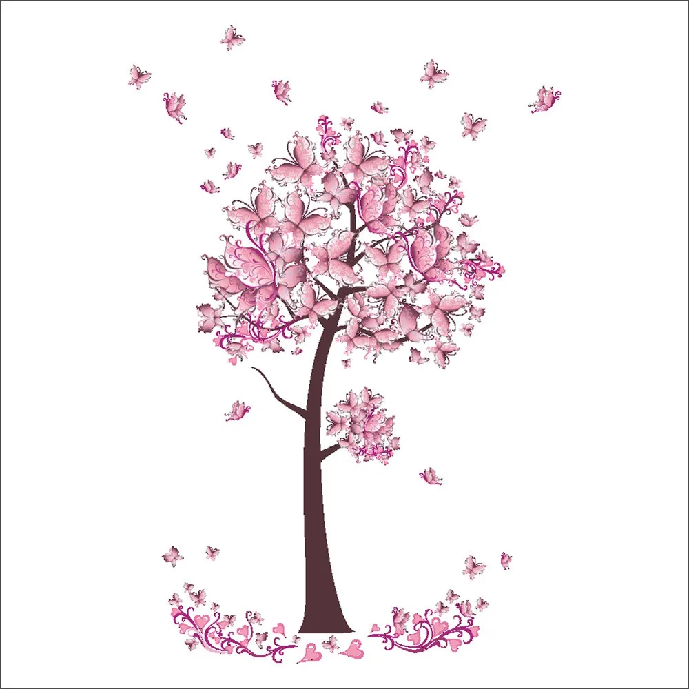 Rosa fjäril blomma träd vägg klistermärke för hemrum dekoration Vattentäta avtagbara dekaler