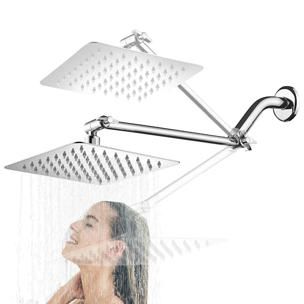 Amazon Hot 8/10/12 "ステンレススチールシャワーヘッドポリッシュクロームバスルームレインビッグシャワーヘッドと回転式シャワーアーム