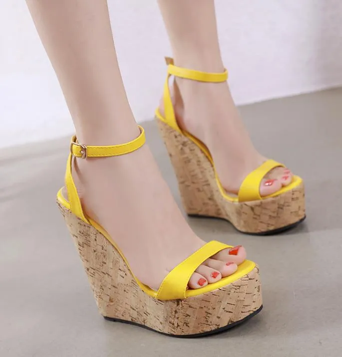 women designer sandals slides yellow wooden grain platform wedge high heel sandals size 35 to 40