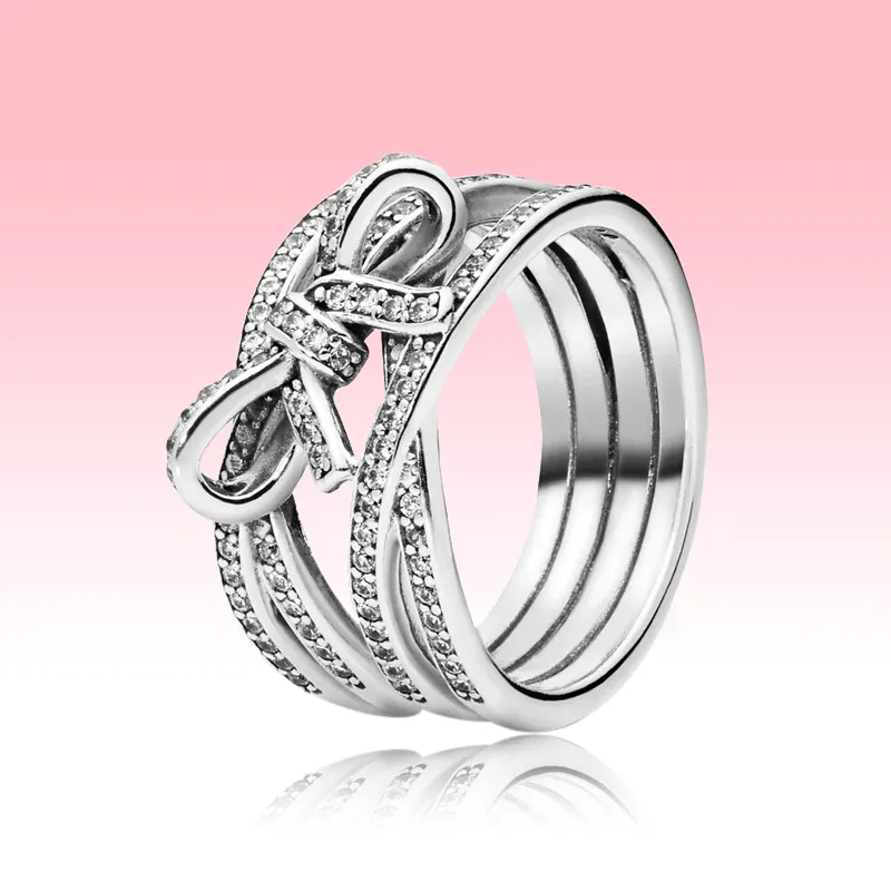 Sparkling Ribbon and Bow Ring CZ Diamond Jewelry for Pandora 925 Sterling Silver High quality Women Grils Rings with Original box set