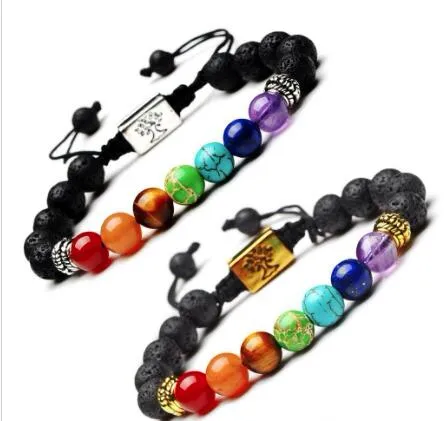 Yoga Handgemaakte 7 Chakra Levensboom Charm Armbanden Lava Stenen Multicolor Kralen Touw Armband Vrouwen Mannen Armbanden Armbanden