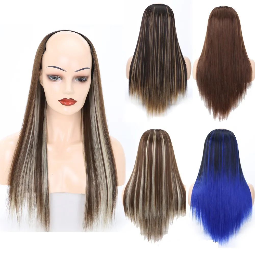 Extensions de cheveux 24 pouces Noir Blond Long Clip Postiche Clip en Une Pièce 14 Couleurs Réel Naturel Épais Droit Synthétique