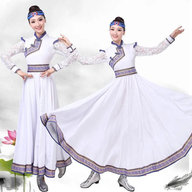 Długa Mongolia Tibetan Styl Sukienka Dla Kobiet Karnawał Fancy Dance Costume Folk Dance Stage Nosić Mongolian White Princess Dres