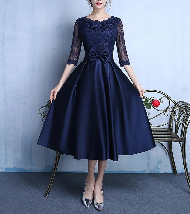Dark Navy Elegant Satin With Lace Tea Length Evening Dresses With Bow Formal Dresses Half