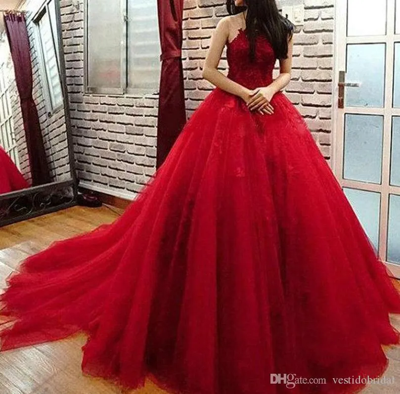Elegante rojo barato vestido de quincea era Jewel Lace Applqieu Sheer Back mascarada vestido de bola dulce 16 vestidos para 15 a os Prom desgaste