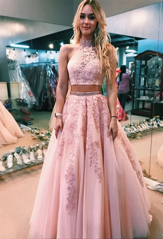 High Quality Senior Prom Party Dress Two Piece Evening Dress With Beading For Teens Pink Long Graduation Gown