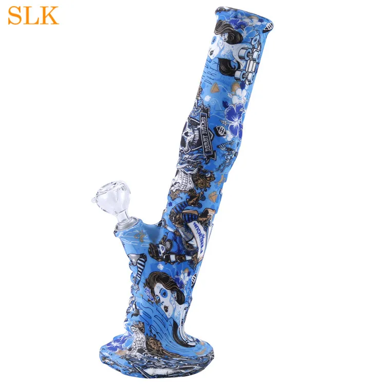 Coloré Motif Silicone Bongs Fumer Verre Pipe À Eau Portable Narguilé Tabac Tuyaux Avec Bols En Verre Sèche Herbe Cire Vaporisateur En Gros