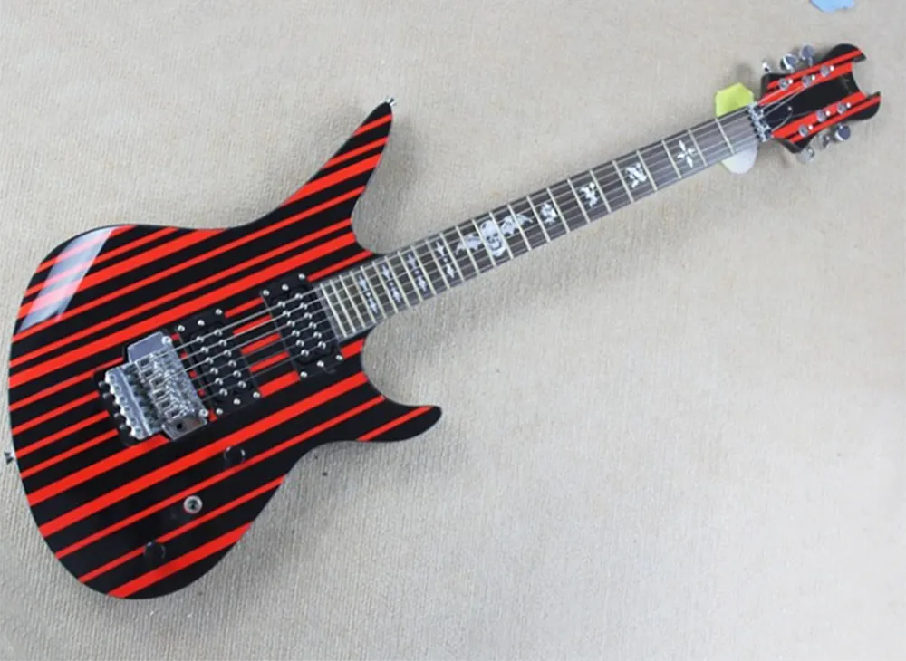 Guitare électrique de forme inhabituelle à deux couleurs avec floyd rose, touche en palissandre avec incrustation de chauve-souris, peut être personnalisée à la demande