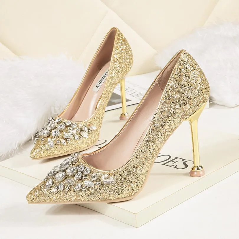 Cristaux de mode chaussures de mariage 4 pouces talons hauts strass sexy pointu paillettes brillantes chaussures de mariée fête bal chaussures minces pour Wo243s