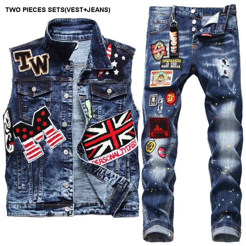 2020 ricamato due pezzi Jeans Imposta Slim Lapel Denim Distintivo Uomo Vest + stracciato Splash zona sottile stirata dei jeans 2pcs Set