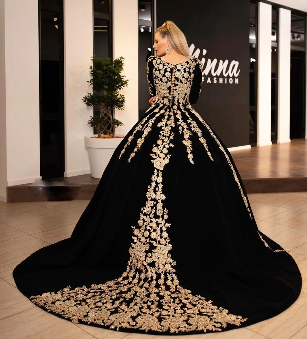 Dress Day - Black evening gown with long train and white accents - CleanPNG  / KissPNG