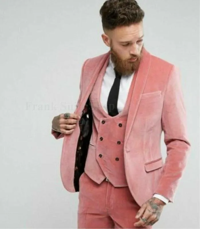 Erkekler Suit 3 adet Casual Yün Pembe Tweed Groomsmen Smokin Düğün Suit 2019 Men (Ceket + Pantolon + Yelek)