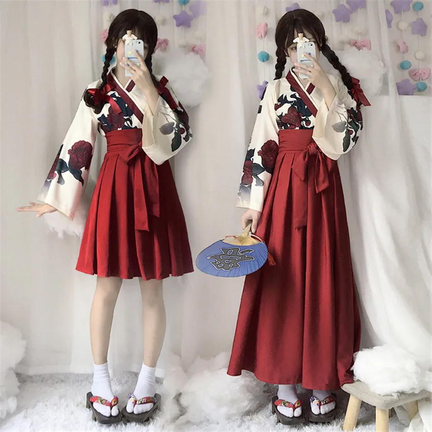 女性のための日本スタイルの着物drress taisho girl haoriファッション花柄のプリントトップとスカートの衣装アジアの服のcamelliaラブ