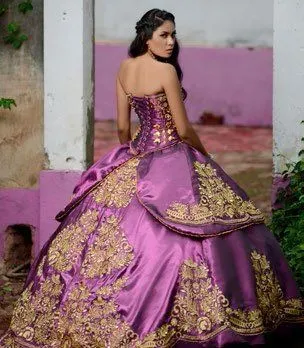 Light Purple Purple Themed Quinceanera Gown with Sweetheart Neckline, Gold Appliques, and Puffy Lace-Up - Perfect for Prom and Sweet 16 - Traditional