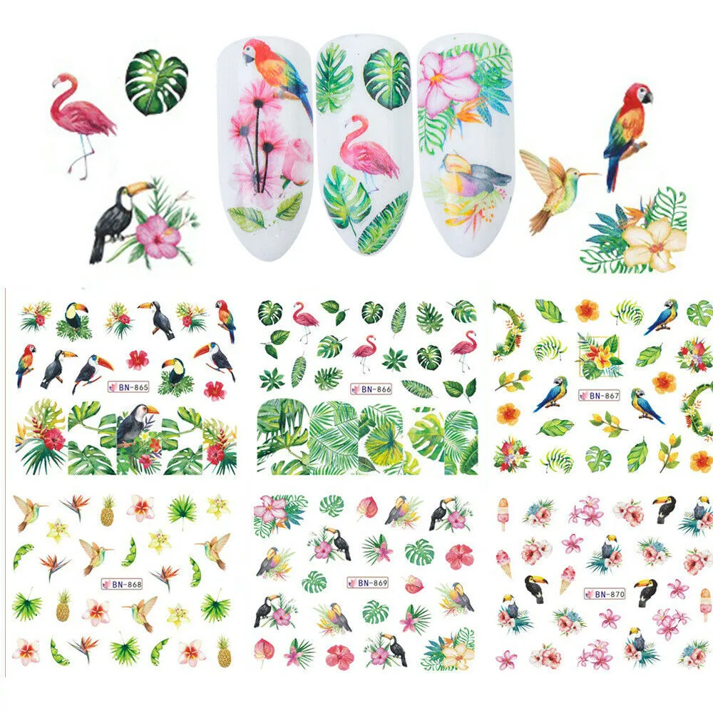 새로운 12pcs 혼합 디자인 네일 스프레이 스티커 여름 테마 Flamingos Transfer Sticker.a874