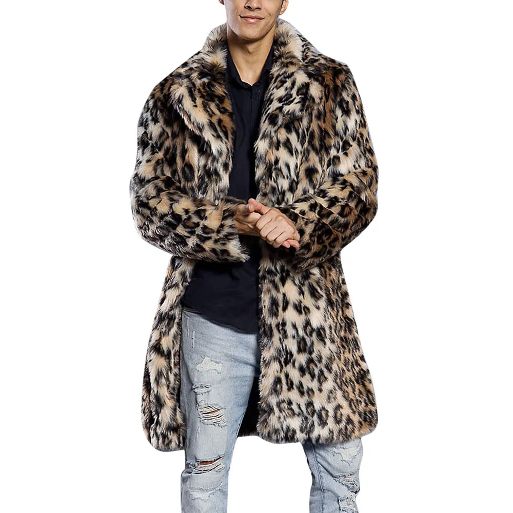 Mäns Jacka Fashion Faux Fur Leopard Utskrift Ytterkläder Coats Sweater Warm Fur Collar Jackor Herrkläder