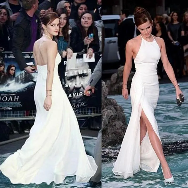2020 nouvelles robes de celebrites elegantes Emma Watson dos nu en mousseline de soie blanche fendue sur le cote longueur au sol robes de soiree