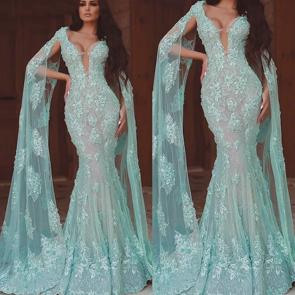 Elegant Robe longue 3D Flowers Luxury Evening Dresses Long Lace Applique Deep V Neck Long dresses evening Robe de soiree