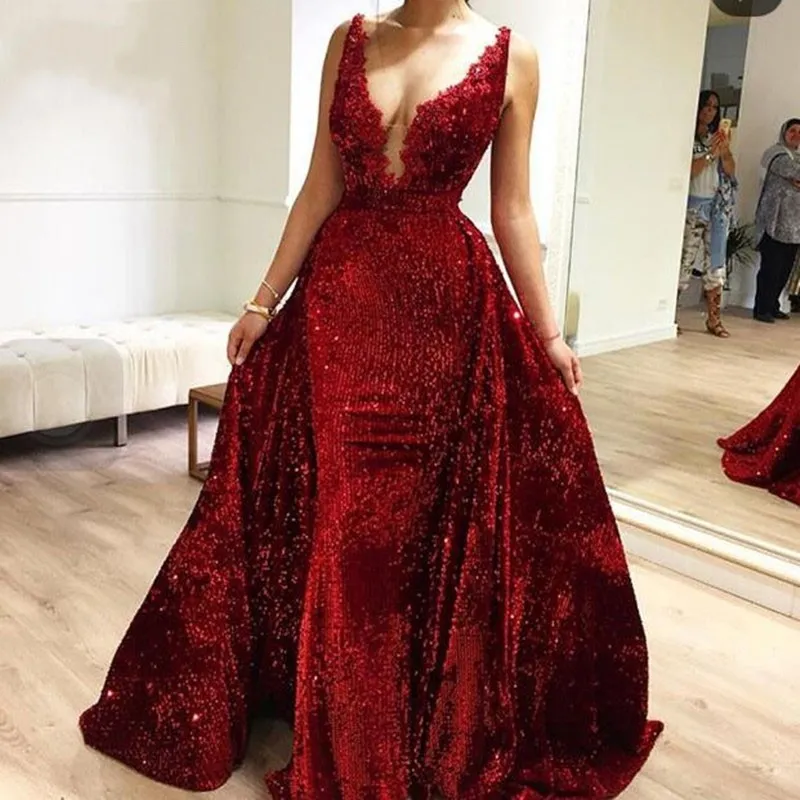 Faísca Vinho tinto sereia lantejoulas Prom v pescoço, com destacável apliques Trem 2 vestidos de noite Pieces Sexy 2020 Robe de soirée