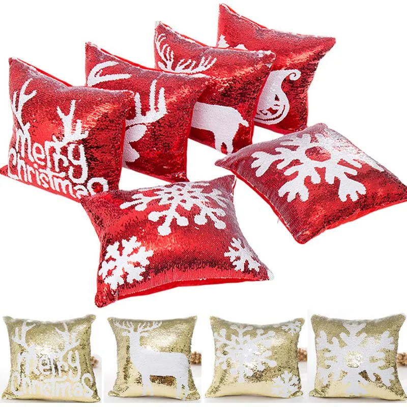 Dubbel Sequin Christmas Pillow Case Cover Snowflake Reindeer Pillowcase Hem Soffa Bilkudde Skal Xmas Dekoration utan Core XD21529