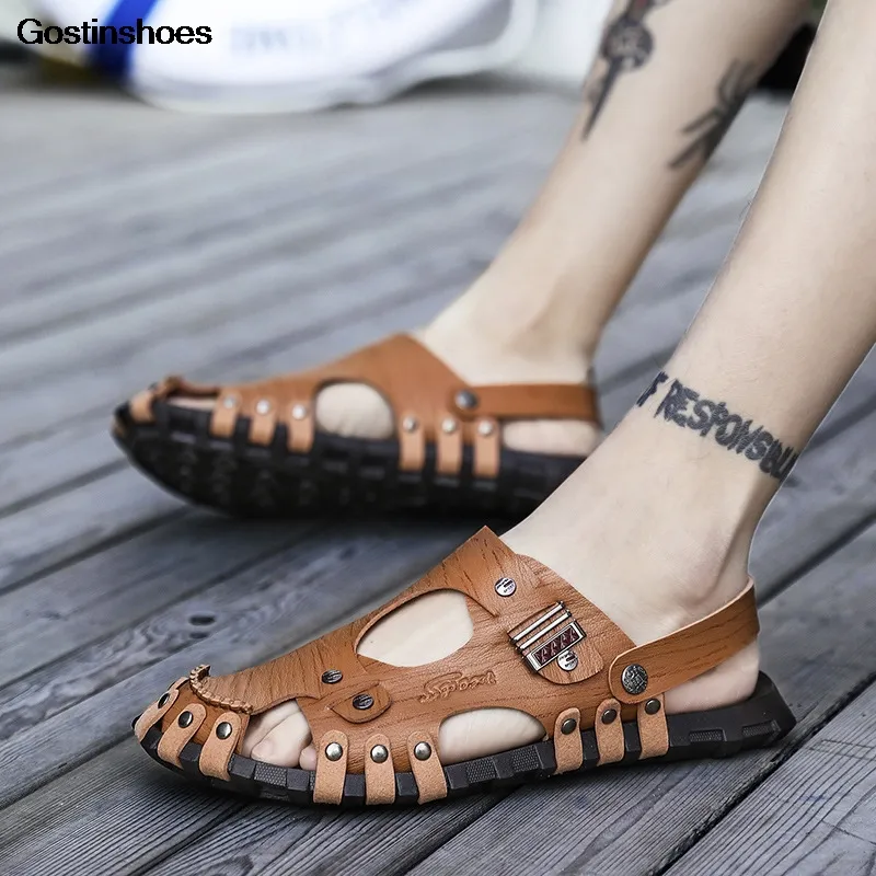 Sandals Men Shoes Cow Leather 45 Large Size 46 47 Fashion Casual Closed toe Hollow Beach man sandals
