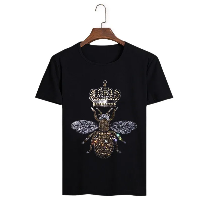 2018 nuevas llegadas casuales masculinas camisetas hombre corona abeja bee diamante hombres camisetas de moda negro / blanco Rhinestone hombre camiseta Y19072201