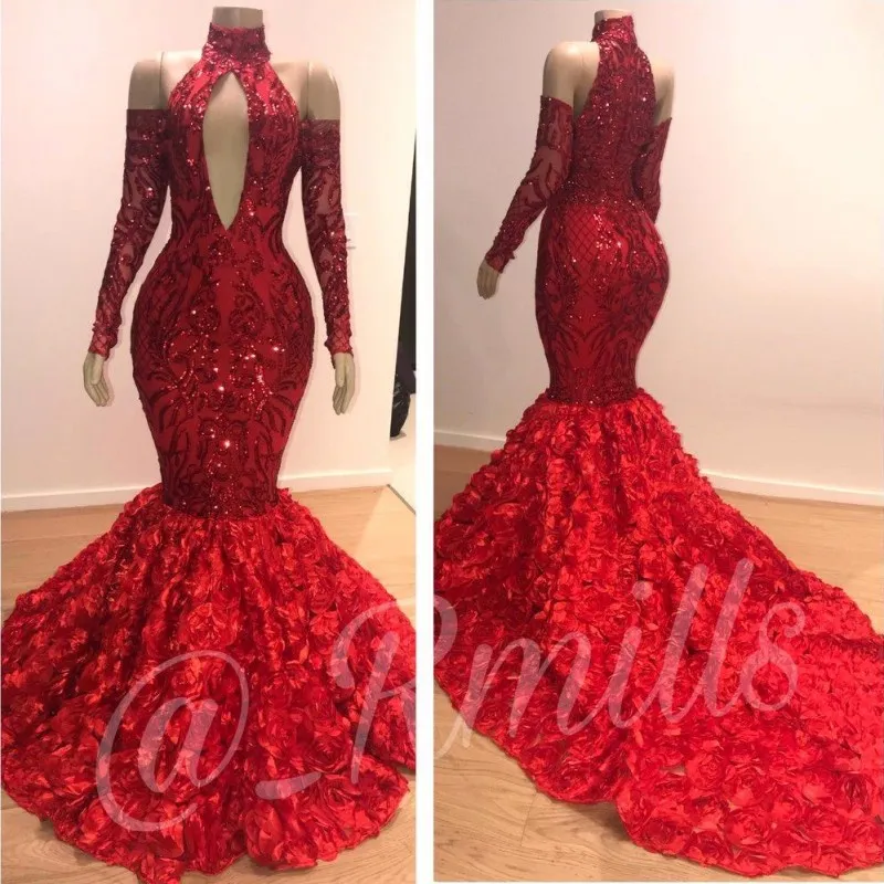 Vermelho alto pescoço mangas compridas sereia vestidos de baile sexy oco lace lante lantejoulas cascading ruffles flores vestidos de festa noturna