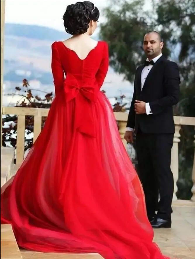 Islamic Bridal Dresses Red A-Line Wedding Gown: Long Sleeves, V-Neck,  Crystals, Big Bow Back, Modest Muslim Bridal Gown, Custom Plus Size