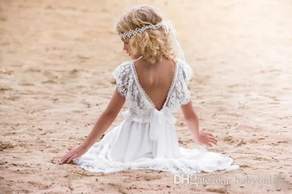 Bohemian White Lovley Lace Bohemian Communion Dress For Beach Wedding Party A Line V Neck Chiffon Ankle Length First Communion Dress From Magicdress009 76.69 DHgate.Com