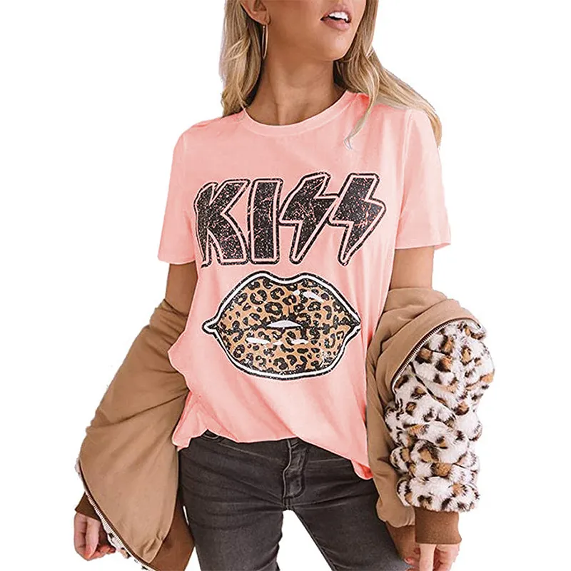 Women Leopard Printed Kiss Lips cute t-shirt Fashion Cotton street style funny tumblr women unisex grunge graphic tee top tshirt